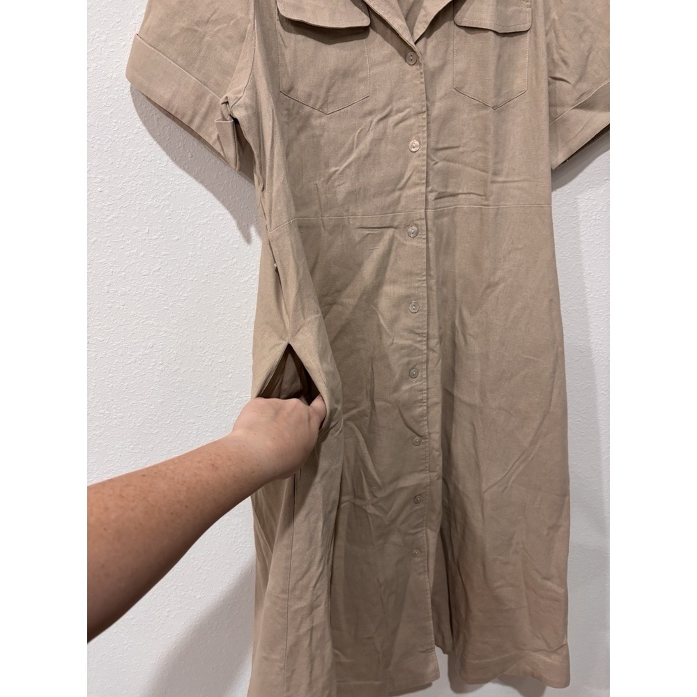 Tahari XL Linen Blend Beige Belted Utility Shirt Dress Short Sleeve Cuffed - Picture 6 of 16